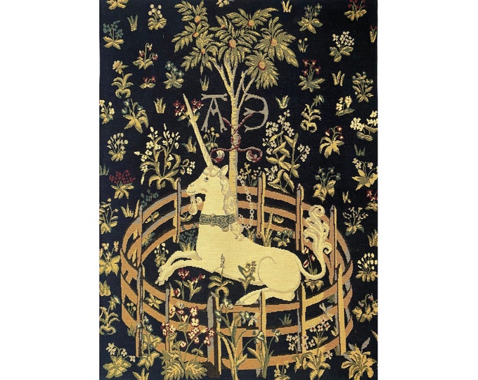 Cluny UNICORN in CAPTIVITY 23" x 18", 58cm x 45cm BELGIAN Belgium jacquard woven tapestry wall hanging, fully lined with rod sleeve