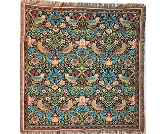 BELGIAN Jacquard Woven Hand Finished 150cm x 150cm William MORRIS Strawberry Thief TAPESTRY Table Throw Bed Spread Occasional Cover, Tassels
