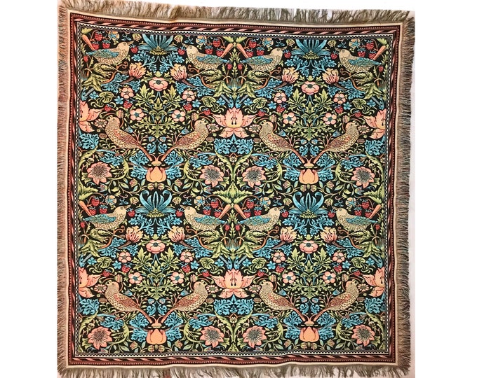 BELGIAN Jacquard Woven Hand Finished 150cm x 150cm William MORRIS Strawberry Thief TAPESTRY Table Throw Bed Spread Occasional Cover, Tassels