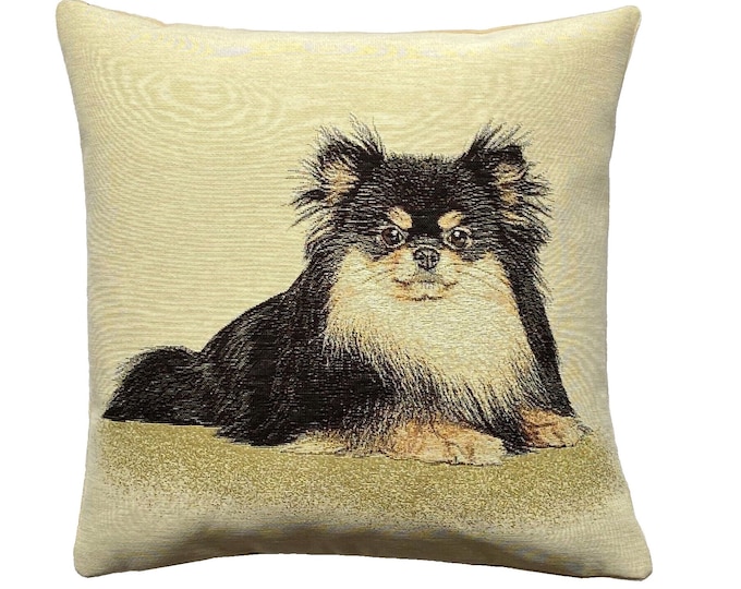 Pomeranian "Pitu" French Hand Finished Tapestry Pillow Cushion Cover, Zip, Soft Touch Velvet Cotton Reverse, 44cm x 44cm, 17" x 17"