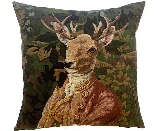 BELGIAN WOVEN Hand Finished 47cm x 47cm 18" x 18" Tapestry Cushion Pillow Cover, Verdure Stag Deer in Pink Jacket, Black Velvet Back