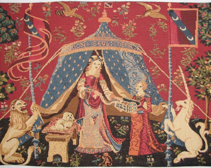 A Mon Seul Desir From Cluny Lady & the Unicorn Series BELGIAN woven tapestry wall hanging fully lined with rod sleeve, 18" x 26" 45cm x 65cm