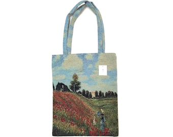 Claude MONET Poppy Field FRENCH Tapestry Woven Hand Finished Tote Shoulder Bag Handbag with Matching Tapestry Straps / Handles