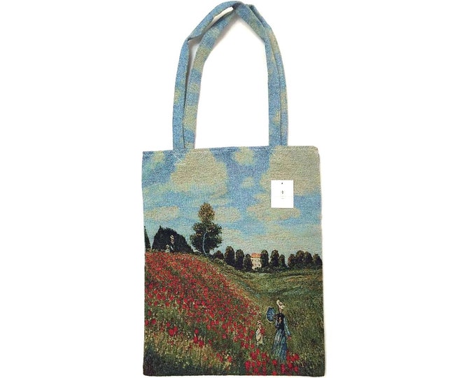 Claude MONET Poppy Field FRENCH Tapestry Woven Hand Finished Tote Shoulder Bag Handbag with Matching Tapestry Straps / Handles