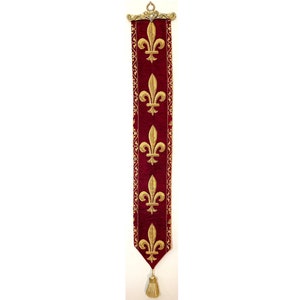 BELGIAN WOVEN Fleur de Lys fully lined TAPESTRY Bell Pull Wall Hanging with Brass Hanger and Tassel, 9300/77 Red image 1