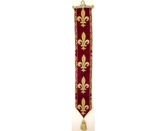 BELGIAN WOVEN Fleur de Lys fully lined TAPESTRY Bell Pull Wall Hanging with Brass Hanger and Tassel, 9300/77 Red