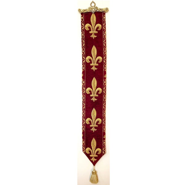 BELGISCHE GEWEVEN Fleur de Lys volledig gevoerd TAPESTRY Bell Pull Wall Hanging met koperen hanger en kwastje, 9300/77 rood