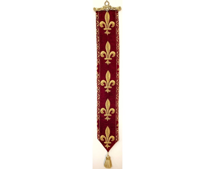 BELGIAN WOVEN Fleur de Lys fully lined TAPESTRY Bell Pull Wall Hanging with Brass Hanger and Tassel, 9300/77 Red