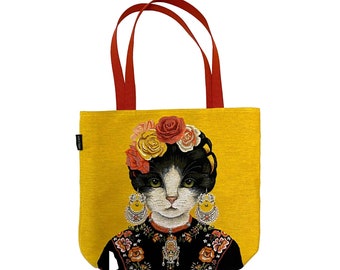 FRIDA KAHLO Black & White Cat, BELGIAN Tapestry Woven Hand Finished Large Tote Shoulder Bag Handbag, Bag Size 46cm x 46cm 18" x 18", 3062B