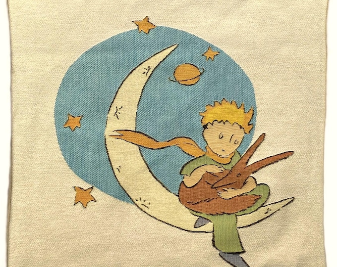 PETIT PRINCE With Fox Renard on the Moon Lune BELGIAN Jacquard Woven Hand Finished Tapestry Pillow Cushion Cover, 46cm x 46cm, 18" x 18"