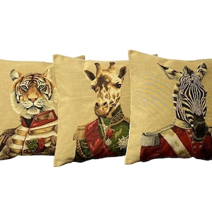 Set of 3 Aristocratic Military Safari Animals BELGIAN WOVEN Hand Finished 46cm x 46cm Tapestry Pillow Cushion Covers, Tiger, Zebra, Giraffe