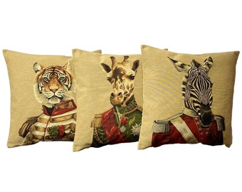 Set of 3 Aristocratic Military Safari Animals BELGIAN WOVEN Hand Finished 46cm x 46cm Tapestry Pillow Cushion Covers, Tiger, Zebra, Giraffe