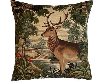 BELGIAN Jacquard WOVEN Hand Finished 100% Cotton Tapestry Cushion Pillow Cover Verdure Cerf Deer Stag in Forest, Beige Velvet Back 47cm 18"