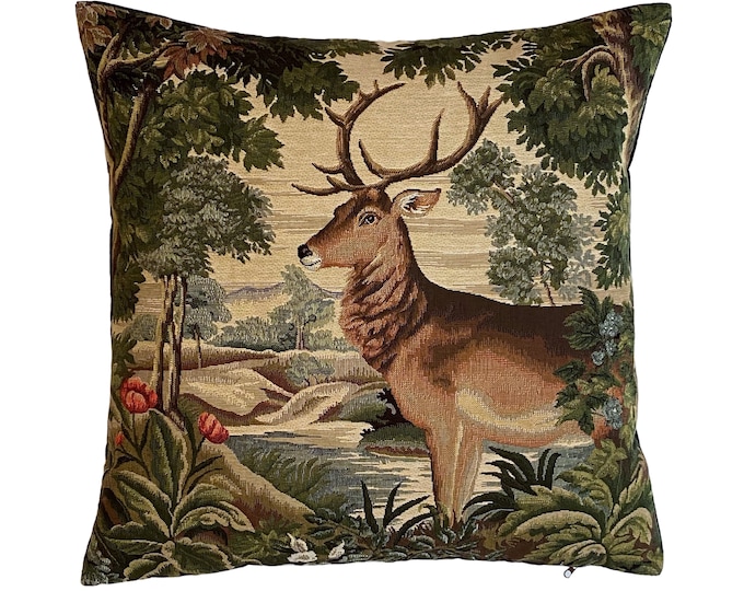 BELGIAN Jacquard WOVEN Hand Finished 100% Cotton Tapestry Cushion Pillow Cover Verdure Cerf Deer Stag in Forest Black Velvet Back 47cm 18"