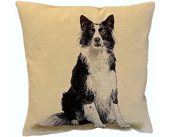 Border Collie Dog Hand Finished Tapestry Pillow Cushion Cover, Zip, Soft Touch Velvet Cotton Reverse, 44cm x 44cm, 17" x 17"