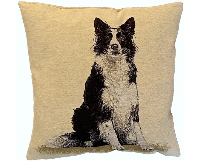 Border Collie Dog Hand Finished Tapestry Pillow Cushion Cover, Zip, Soft Touch Velvet Cotton Reverse, 44cm x 44cm, 17" x 17"