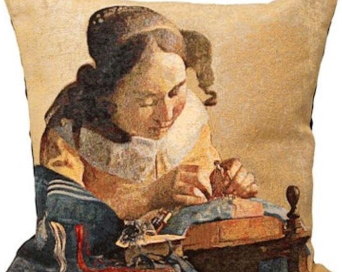 Johannes VERMEER Lacemaker Kantwerkster BELGIAN Belgium Jacquard WOVEN Hand Finished Tapestry Pillow Cushion Cover, 46cm x 46cm 18" x 18"