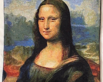 Leonardo Da VINCI Famous Mona Lisa BELGIAN Belgium Jacquard WOVEN Hand Finished Tapestry Pillow Cushion Cover, 13.5" x 13.5" / 34cm x 34cm
