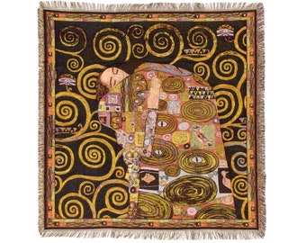 BELGIAN Jacquard Woven 150cm x 150cm Gustav KLIMT Fulfillment Noir TAPESTRY Table Chair Sofa Throw Bed Spread Occasional Cover with Tassels