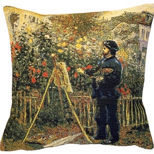 RENOIR Painting of Monet Painting in his Garden, BELGIAN Jacquard WOVEN Hand Finished Tapestry Pillow Cushion Cover, 46cm x 46cm 18&quot; x 18&quot;