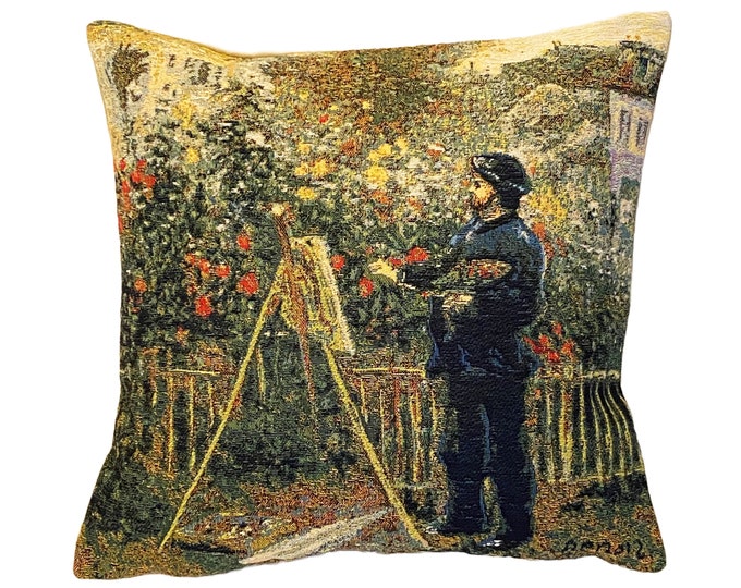 RENOIR Painting of Monet Painting in his Garden, BELGIAN Jacquard WOVEN Hand Finished Tapestry Pillow Cushion Cover, 46cm x 46cm 18" x 18"