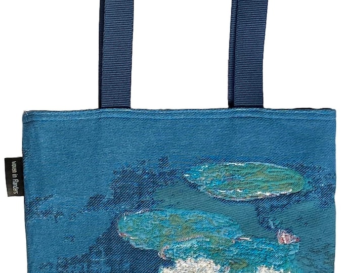 MONET'S Irises Evening Effect, BELGIAN Tapestry Woven Hand Finished Large Tote Shoulder Bag Handbag, Size 38cm x 34cm 17" x 16" Excl Handles