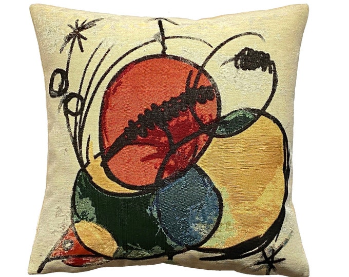 Joan Miro Abstract Hand Finished 44cm 17" French Hand Finished Tapestry Pillow Cushion Cover With Zip & Soft Touch Beige Velvet Back