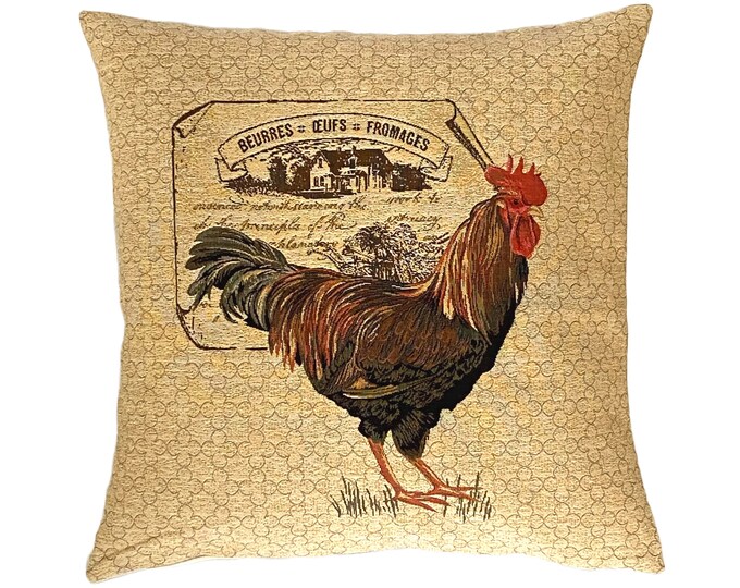 Rooster Cockerel Chicken "BEURRE OEUFS FROMAGES" Belgian Jacquard Woven Hand Finished 100% Cotton 18" 46cm Tapestry Cushion Pillow Cover