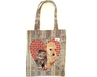 Cute Cat Kitten & Puppy in Heart FRENCH TAPESTRY Woven Hand Finished Tote Shoulder Bag Handbag with Matching Tapestry Straps / Handles
