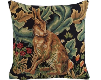 William Morris Design Black Forest Hare Belgian JACQUARD WOVEN in BELGIUM Hand Finished Tapestry Pillow Cushion Cover 47cm, 18.5", With Zip