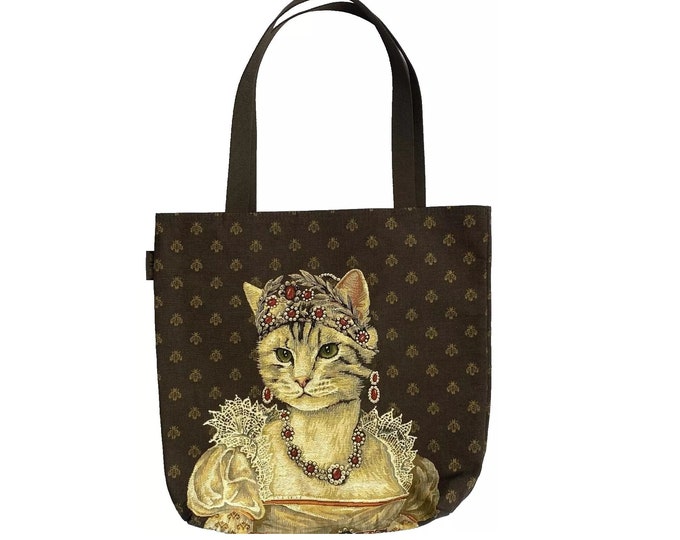 Chat Josephine Cat Jacquard Woven BELGIAN TAPESTRY LARGE Shopping Tote Bag, 44cm x 44cm, 17.5" x 17.5"