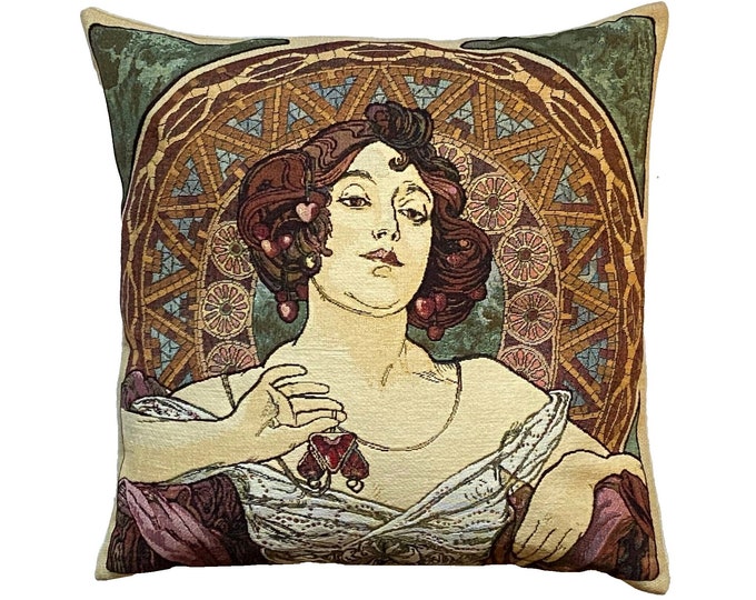 Alphonse MUCHA Rubis Ruby BELGIAN Belgium Jacquard WOVEN Hand Finished Tapestry Pillow Cushion Cover, 47cm x 47cm, 18" x 18"