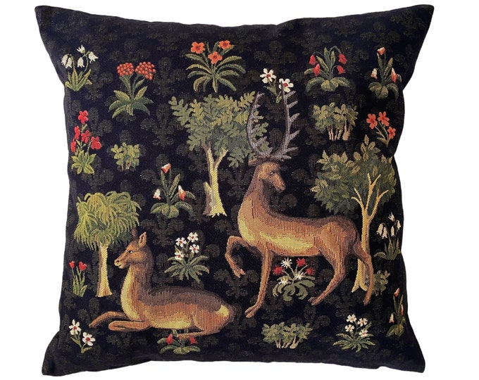 BELGIAN Jacquard WOVEN Hand Finished 45cm x 45cm / 18" x 18" Forest Deer With Millefleurs Design V3 Tapestry Cushion Pillow Cover