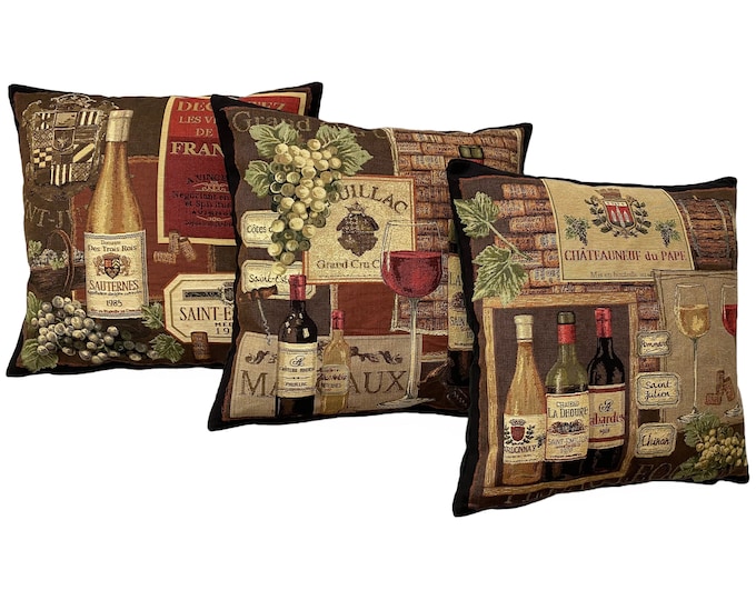 Set of 3 Famous Wines Series BELGIAN Belgium Jacquard WOVEN Hand Finished Tapestry Pillow Cushion Covers, 45cm x 45cm 18" x 18"