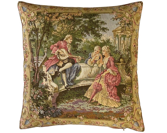 Francois Boucher Jardin LHS Scene Part, BELGIAN Belgium Jacquard WOVEN Hand Finished Tapestry Pillow Cushion Cover, 44cm x 44cm, 17" x 17"