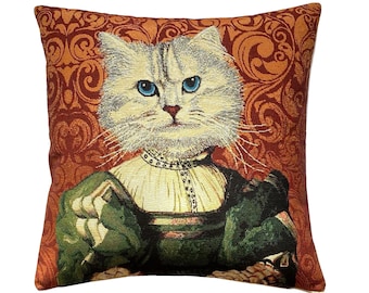 Regal Lady Cat, French Hand Finished Tapestry Pillow Cushion Cover WIth Zip & Soft Touch Velvet Cotton Reverse, 44cm x 44cm, 17" x 17"