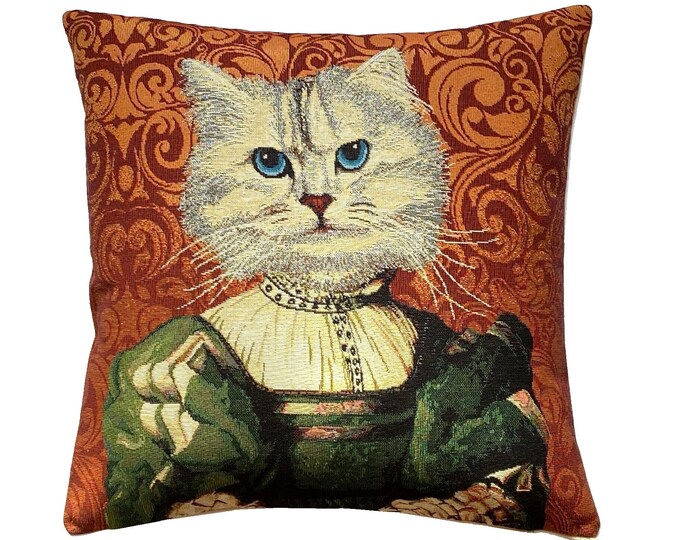 Regal Lady Cat, French Hand Finished Tapestry Pillow Cushion Cover WIth Zip & Soft Touch Velvet Cotton Reverse, 44cm x 44cm, 17" x 17"