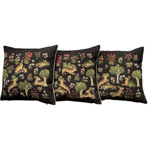 Set of 3 BELGIAN Jacquard WOVEN Hand Finished 45cm x 45cm 18&quot; x 18&quot; Forest Rabbits With Millefleurs Design Tapestry Cushion Pillow Covers