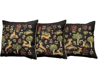 Set of 3 BELGIAN Jacquard WOVEN Hand Finished 45cm x 45cm 18" x 18" Forest Rabbits With Millefleurs Design Tapestry Cushion Pillow Covers