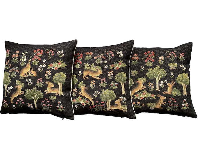 Set of 3 BELGIAN Jacquard WOVEN Hand Finished 45cm x 45cm 18" x 18" Forest Rabbits With Millefleurs Design Tapestry Cushion Pillow Covers