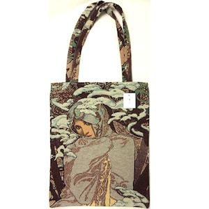 Alphonse MUCHA Jahreszeiten WINTER Hiver FRANZÖSISCHE Gobelin gewebte Handfertige Tasche Schultertasche Handtasche mit passenden Gobelin Riemen / Griffe