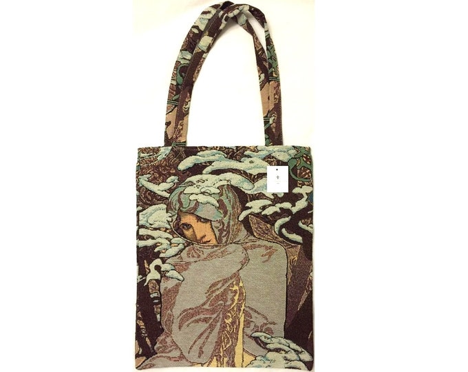 Alphonse MUCHA Seasons WINTER Hiver FRENCH Tapestry Woven Hand Finished Tote Shoulder Bag Handbag with Matching Tapestry Straps / Handles