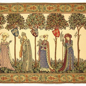 May include: A tapestry depicting five women in medieval clothing standing in a forest. Each woman holds a different object, including a sword, a book, and a bird. The tapestry has a cream background with a green and gold border.