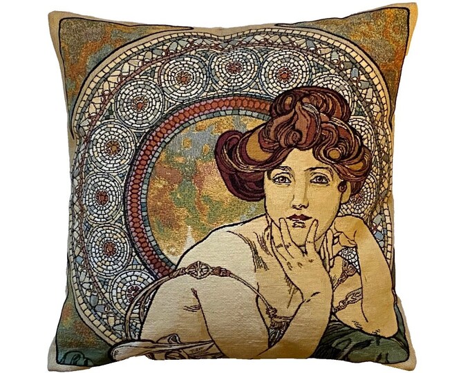 Alphonse MUCHA Topaz Topaze BELGIAN Belgium Jacquard WOVEN Hand Finished Tapestry Pillow Cushion Cover, 47cm x 47cm, 18" x 18"