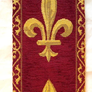 BELGIAN WOVEN Fleur de Lys fully lined TAPESTRY Bell Pull Wall Hanging with Brass Hanger and Tassel, 9300/77 Red image 2