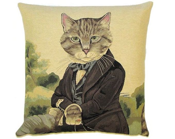 Susan Herbert Aristocat Sir Thomas Cat, BELGIAN Belgium Jacquard WOVEN Hand Finished Tapestry Pillow Cushion Cover, 46cm x 46cm, 18" x 18"