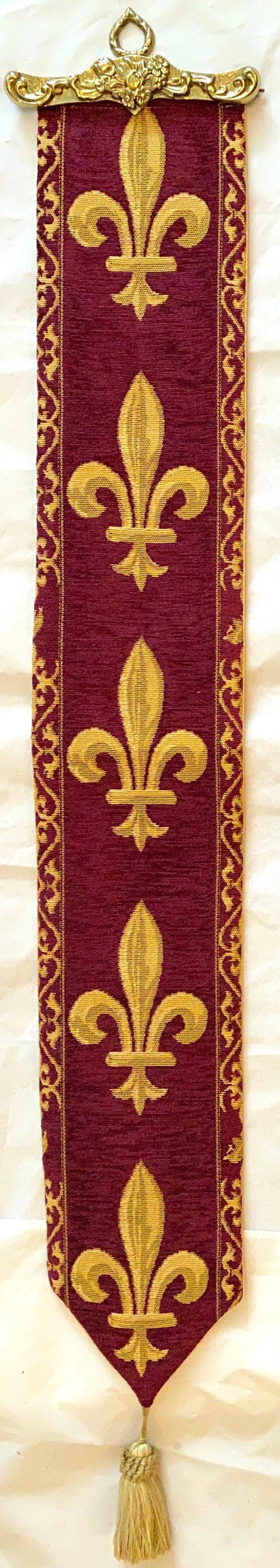 BELGIAN WOVEN Fleur de Lys fully lined TAPESTRY Bell Pull Wall Hanging with Brass Hanger and Tassel, 9300/77 Red image 6
