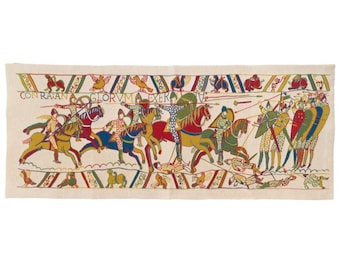Reproduction of part of the BAYEUX tapestry, 18" x 44", 46cm x 112cm BELGIAN jacquard woven tapestry wall hanging, fully lined + rod sleeve
