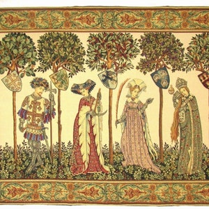 May include: A tapestry depicting a medieval scene with six figures standing in a garden setting. The figures are dressed in elaborate clothing and are holding various objects, including swords, shields, and a book. The tapestry is framed with a decorative border.