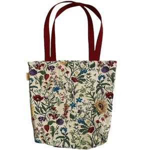 Fleurs des Champs Country Flowers BELGIAN Tapestry Woven Hand Finished Large Tote Shoulder Bag Handbag, Size 46cm x 46cm 18&quot; x 18&quot;
